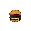 This pixel art showcases a mouthwatering double-patty hamburger with cheese and bacon, rendered in delicious detail. The simple, centered composition emphasizes the burger's layers, creating a classic and craveable image.