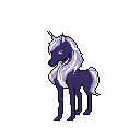 A solitary, pixelated unicorn rendered in cool purples and whites stands gracefully in a stark black void. Its flowing mane and horn suggest a touch of magic and ethereal beauty in this minimalist fantasy scene.