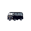This pixel art showcases a classic VW bus in a muted, nostalgic style. The iconic vehicle is rendered with simple details and a stark black and gray color palette.