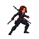 Pixel art Black Widow strikes a dynamic pose, ready for action in her signature black suit and armed with batons. The iconic Avenger is captured in a moment of poised strength, her neutral expression hinting at the focus beneath.