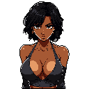 A pixel art portrait captures a serious young woman with dark skin and short black hair, her intense gaze and pursed lips conveying a sense of displeasure. She wears a low-cut black top, contrasting sharply against the dark background.