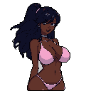 This pixel art portrait features a stylish woman in a bikini, glancing back with a subtly alluring expression. Her flowing purple hair and soft color palette create a warm and inviting vibe.