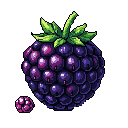 This pixel art showcases a large, ripe blackberry with a smaller companion, their juicy textures and vibrant colors brought to life against a stark black backdrop. The detailed rendering emphasizes the fruit's freshness and natural sweetness.