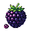 This pixel art image showcases a meticulously detailed, ripe blackberry against a stark black background. The vibrant purples, blues, and greens used to depict the berry's individual drupelets create a glossy, realistic effect with a nostalgic, classic video game aesthetic. It's a striking representation of natural beauty in pixelated form.