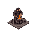 A pixel art blacksmith, rendered in isometric view against a black background, intently pours molten metal from a crucible. The scene captures the intensity of the craft, contrasting the dark attire of the smith with the vibrant, glowing liquid.