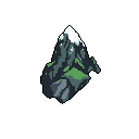 A solitary, pixelated mountain rises against a stark black background, its jagged peaks capped with snow and hinting at stoic beauty. The tilted perspective and muted color palette emphasize the mountain's rugged and isolated nature.