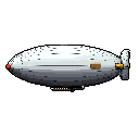 A solitary, white pixel art zeppelin cruises against a stark black background. Details like brown gondolas, red nose tip, and a yellow tail structure add character to this classic airship.