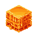 This pixel art depicts a mesmerizing isometric cube of dripping honey, its translucent amber surface revealing a honeycomb-like structure. The warm, golden tones and detailed drips evoke a sense of deliciousness and sticky sweetness.