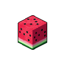 This pixel art depicts a playful isometric watermelon cube, complete with vibrant red flesh, black seeds, and a layered rind. The simple design and clean execution give it a fresh, game-like aesthetic.