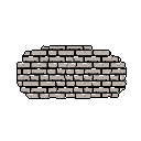 A solitary pixel art brick wall, rendered in shades of grey, floats against a stark black backdrop. The weathered texture and simple composition evoke a sense of quiet isolation.