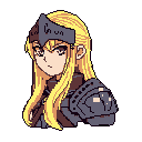 This pixel art portrait features a determined blonde warrior in detailed armor, her upward gaze hinting at introspection amidst her readiness. The image captures a blend of strength and stoicism in a classic, nostalgic style.