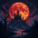 A solitary figure gazes towards a foreboding gothic castle silhouetted against a crimson full moon. The eerie scene evokes a sense of dark fantasy and quiet suspense.