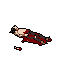 A grim pixel art image depicts a prone, possibly deceased, humanoid figure heavily implied to be bloodied and dismembered. The stark color palette and lifeless posture evoke a strong sense of death and despair.