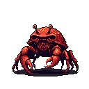A menacing, red-toned crab-like creature with glowing highlights dominates the frame, its claws raised in a predatory stance. This pixel art creation evokes a sense of danger and aggression with its sharp details and ominous color scheme.