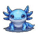 This pixel art image showcases an utterly adorable axolotl with big, glistening eyes and a sweet smile. Resting peacefully against a black backdrop, the creature's soft blue and purple hues, combined with bright highlights, create a charming and endearing portrait.