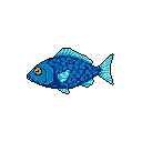 A vibrant, pixelated blue fish with striking orange eyes swims purposefully through the darkness. The retro design and clean aesthetic evoke a classic video game sprite.