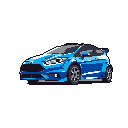 A pixelated Ford Focus RS in vibrant "Nitrous Blue" pops against a stark black backdrop, showcasing its sporty design and aggressive stance. The detailed pixel art captures the essence of this iconic performance car with crisp lines and dynamic highlights.