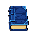This pixel art depicts an antique, blue book with aged pages and metallic accents, evoking a sense of mystery and ancient knowledge. The detailed rendering highlights its worn leather cover and suggests untold stories within. It stands alone as a magical or historical artifact.