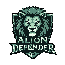 This pixel art emblem features a fierce lion's head, rendered in teal hues, symbolizing strength and protection. The design, emblazoned on a shield with the text "ALION DEFENDER," evokes a retro yet powerful aesthetic.
