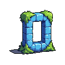This pixel art depicts an ancient, moss-covered stone archway, possibly a portal, rendered in cool blue-greys and vibrant greens. The structure's worn texture and the surrounding darkness evoke a sense of mystery and forgotten ruins.