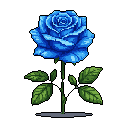 This pixel art showcases a stunning blue rose in full bloom, its intricate petals rendered in vibrant shades of blue. The solitary flower stands out elegantly against a stark black background, evoking a sense of rarity and mystery.