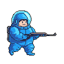 A pixelated spaceman in a blue suit strides forward, rifle in hand, ready for retro-style action. The character's simple, slightly smiling expression adds a touch of old-school charm.