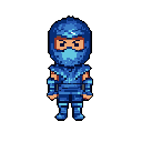 This pixel art showcases a stoic ninja, masked and clad in shades of blue, standing ready with an intense gaze. The retro style and limited palette evoke a sense of focused power and classic gaming nostalgia.