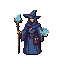 A solitary pixel-art wizard, shrouded in shadow and wielding arcane magic, stands ready in the darkness. The figure's obscured face and swirling blue energy hint at a mysterious and potent power.