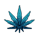 This pixel art image features a stylized, symmetrical cannabis leaf rendered in cool teals and blues. The emblem-like design pops against the stark black background, creating a modern yet retro aesthetic.