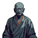 This pixel art portrait captures the serene bust of an elderly, bald figure, lost in contemplation. Rendered in cool tones with a subtle orange accent, the image evokes a sense of ancient wisdom and peaceful introspection.