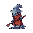 A pixel-art lizardfolk mage stands ready for adventure, staff in hand and magic at the ready. The creature's intense red eye hints at a determined or perhaps dangerous nature.
