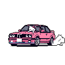 A vibrant pink 80s sedan drifts through a black void, driven by a tiny Hello Kitty-esque figure. This pixel art image captures a playful blend of vintage car cool and unexpected cuteness, creating an energetic and whimsical scene.