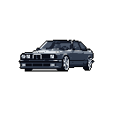 This pixel art piece showcases a classic BMW E30 Coupe (or similar model) in a stylish three-quarter front view. The muted color palette and detailed pixel work highlight the car's iconic design and form.
