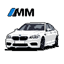Here's a concise summary of the pixel art image:

A pixelated white BMW M5 sports sedan is presented in a clean, modern showcase against a stark black backdrop, emphasizing its luxury and performance design. The iconic BMW M logo floats above the car, subtly branding the scene.