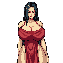 This pixel art portrait features a confident woman with an alluring gaze, rendered in a sophisticated palette of red, teal, and skin tones. Set against a stark black background, her intense expression and elegant posture command attention.