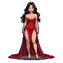 This pixel art depicts an elegant woman in a striking red gown, her confident pose and elaborate attire radiating sophistication. The figure's bold style, combined with the nostalgic pixel art aesthetic, creates a captivating image of glamour and strength.