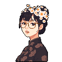 This pixel art portrait features a young woman with dark hair in a bun adorned with daisies, wearing glasses and a patterned garment. Her slightly open mouth and floating petals create a whimsical and delicate feel.