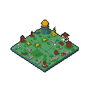 This pixel art showcases a tiny, isometric world filled with earthy tones, featuring a small tower amidst stylized vegetation. The miniature landscape evokes a sense of self-contained fantasy and isolation.
