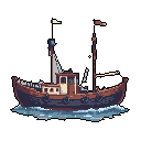 This pixel art image showcases a sturdy, purplish-brown fishing or utility boat cruising calmly on stylized pixelated waves. The vintage-style vessel, complete with masts, flags, and fenders, evokes a sense of peaceful maritime activity.
