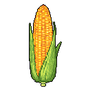 This pixel art image showcases a vibrant ear of corn with warm yellows and greens, rendered in a simple yet detailed style. The isolated subject evokes a sense of harvest or nature.