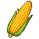 This pixel art showcases a diagonally presented ear of corn, partially shucked to reveal its golden kernels. The simple, rustic image focuses on the agricultural object with a warm and natural color palette.