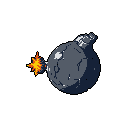 A classic cartoon bomb, rendered in pixel art, is poised for action with its fuse dramatically lit in vibrant orange and yellow, creating a sense of retro urgency against a stark black backdrop.