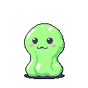 A cute, light green blob creature with rosy cheeks cheerfully stands out against a stark background in this charming pixel art piece. Its glossy texture and innocent expression create a friendly and inviting vibe.