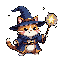 A charming pixel art wizard cat, adorned in blue robes and a pointed hat, extends a glowing staff, conjuring a whimsical and magical aura in the darkness.