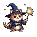 A cute, pixelated wizard cat, adorned in blue robes and a pointy hat, gazes with wide eyes while wielding a glowing, star-topped staff. This charming feline enchanter radiates a whimsical and nostalgic magic.