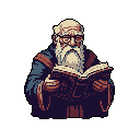 A wise, elderly wizard is deeply engrossed in reading a large book, his focus and flowing beard filling the frame. The muted color palette and stark black background emphasize the figure's studious and contemplative nature.