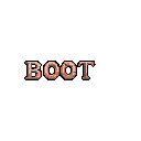 Retro "BOOT" text, rendered in pixel art with a peach and grey color scheme, pops against a stark black background, evoking a nostalgic computer interface.