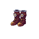 This pixel art features a detailed pair of brown leather boots, complete with decorative buckles and golden laces, perfect for a virtual adventurer's inventory. The boots are presented as a standalone item, showcasing their craftsmanship in a classic pixelated style.