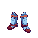 This pixel art showcases light blue boots with red accents, presented as if worn but disembodied against a black background. The rigid design and muted color palette create an enigmatic vibe, hinting at a larger story.