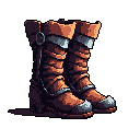 This pixel art showcases a pair of detailed, worn leather boots, hinting at adventure and practicality. The earthy color palette and visible stitching emphasize their sturdy construction.